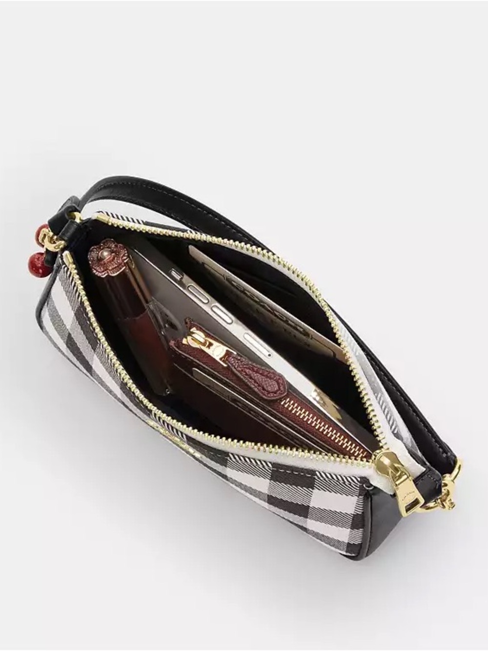 New Coach Black and White Gingham Nolita 19 Bag with Cherry Charm - Picture 5 of 10